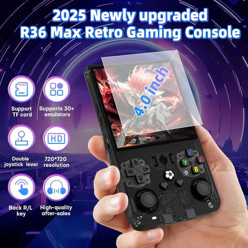 Retro R36 MAX Handheld Console with 4.0 Inch Eye Protection HD IPS Screen, 20,000+ Games and Protection Case (Random color)
